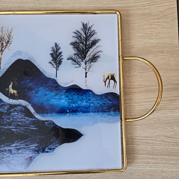 Vintage Decorative Tray with Gold Frame - Nature-Inspired Design - Picture 2 of 11